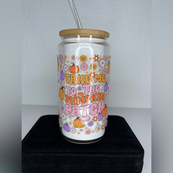NWOT Pumpkin Patch Colorful Party 16oz Tumbler Bamboo Glass Straw Fall - Picture 4 of 8